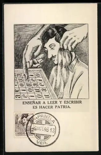Künstler-AK Campana Nacional Contra El Analfabetismo, Mann lernt lesen, Private Stadtpost