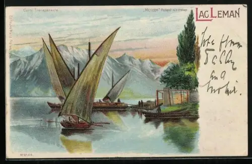 Lithographie Lac Leman, Segelboote vor Bergpanorama, Nachthimmel im Gegenlicht, Halt gegen das Licht