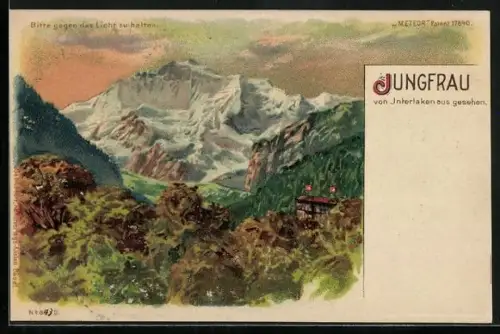 Lithographie Interlaken, Jungfrau mit Nachthimmel im Gegenlicht, Halt gegen das Licht