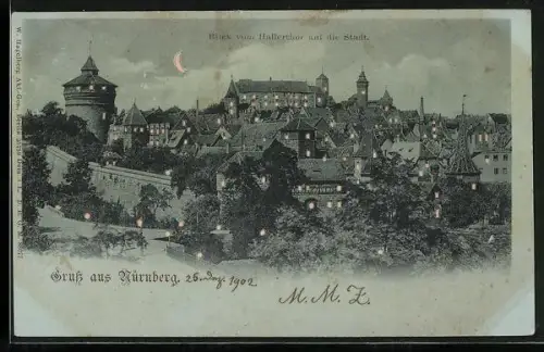 Mondschein-AK Nürnberg, Blick vom Hallerthor auf die Stadt, Halt gegen das Licht