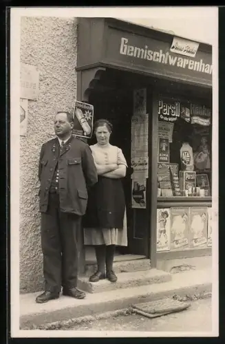 Foto-AK Admont, Gemischtwarenhandlung Hans Stecher, Reklame für Persil, Ata, Schicht-Seifen