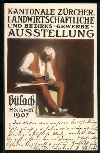 AK Bülach, Kantonale Zürcher Landwirtschaftliche und Bezirks-Gewerbe-Ausstellung 1907, Bauer bei einer Reparaturarbeit