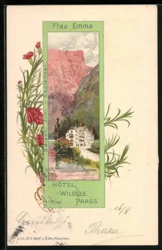 Lithographie Prags, Hotel Wildsee Prags Frau Emma, Nelken