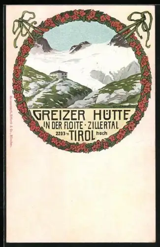 Künstler-AK Greizer-Hütte, Blick zur Berghütte in der Floite, Gletscher