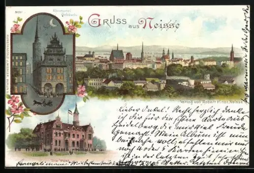 Lithographie Neisse, Kämmerei-Gebäude, Die Post, Gesamtansicht