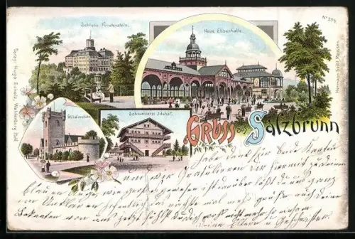 Lithographie Salzbrunn, Neue Elisenhalle, Gasthaus Schweizerei Idahof, Schloss Fürstenstein
