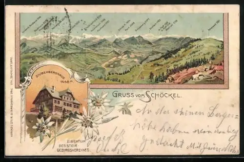 Lithographie Radegund am Schröckel, Das Stubenberghaus des Steir. Gebirgsvereins, Alpenpanorama