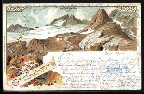 Lithographie Simony-Hütte, Blick über die Berghütte zum Dachstein