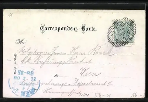 Lithographie Simony-Hütte, Blick über die Berghütte zum Dachstein