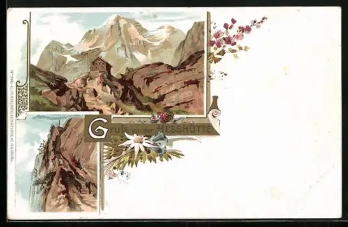 Lithographie Hesshütte, Berghütte mit Gebirgspanorama