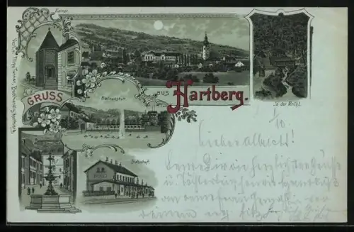 Mondschein-Lithographie Hartberg, Bahnhof, Badeanstalt, In der Brühl, Ortsansicht