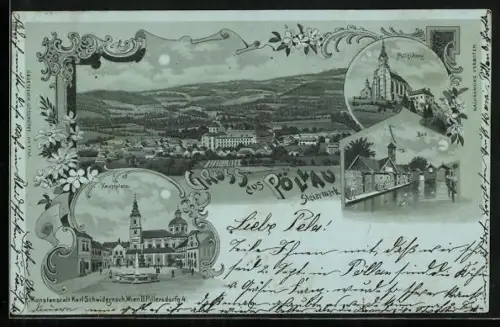 Mondschein-Lithographie Pöllau /Steiermark, Hauptplatz, Bad, Pöllauberg