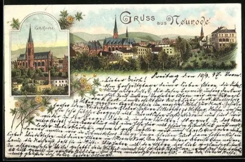 Lithographie Neurode, Kath. Kirche, Ortsansicht aus der Vogelschau
