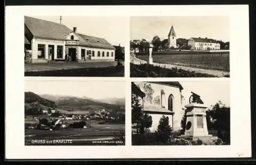 AK Gamlitz, Gemischtwarenhandlung Alex Trumler, Kirche, Denkmal, Ortspanorama