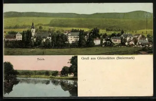 AK Gleinstätten /Steiermark, Blick auf den Teich, Ortsansicht mit goldenen Fenstern