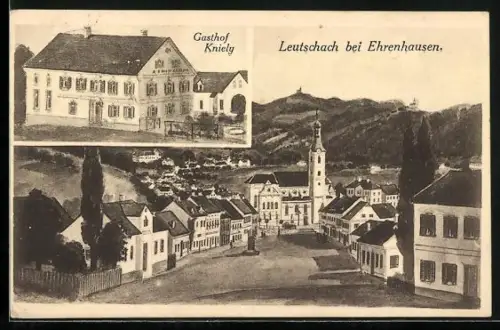 Künstler-AK Leutschach bei Ehrenhausen, Gasthof Kniely, Strassenpartie mit Kirche