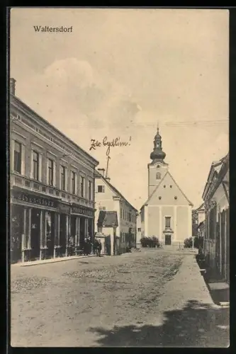 AK Bad Waltersdorf, Eisen-Lager Franz Wagner, Kirche