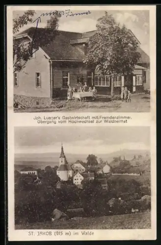 AK St. Jakob im Walde, Joh. Luegner`s Gastwirtschaft, Ortsansicht mit Kirche