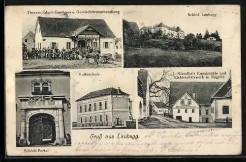 AK Laubegg, Therese Eders Gasthaus u. Gemischtwarenhandlung, J. Kiendlers Kunstmühle u. Elektrizitätswerk