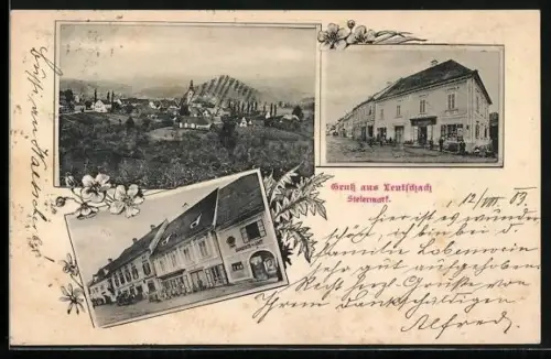 AK Leutschach /Steiermark, Geschäft v. R. Hartmann, Gemeindeamt, Ortsansicht aus der Vogelschau