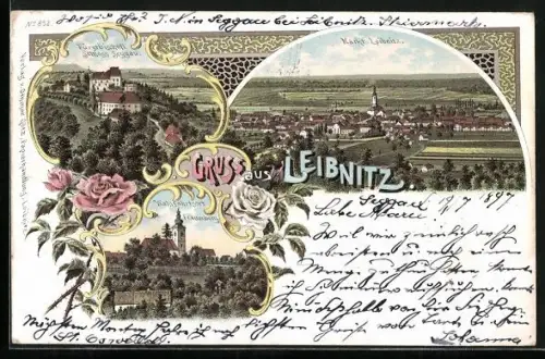 Lithographie Leibnitz, Fürstbischöfl. Schloss Seggau, Wallfahrtsort Frauenberg, Ortsansicht
