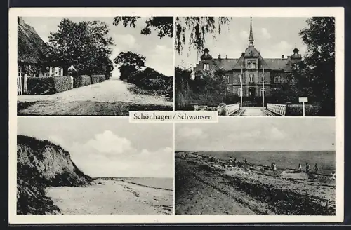 AK Schönhagen / Ostsee, Schwansen, Ortsansicht von Gebäude und Strand