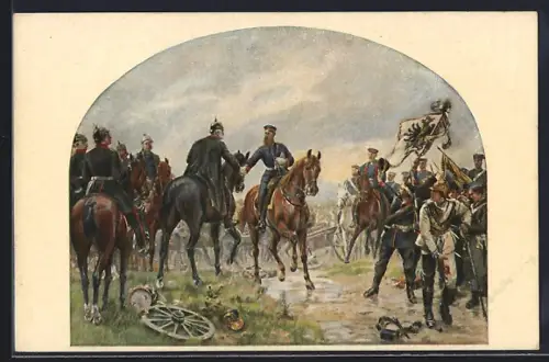 Künstler-AK Königgrätz, Friedrich Wilhelm III. von Preussen mit Moltke u. Bismarck in der Schlacht 1866