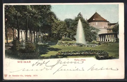 AK Weimar / Thüringen, Karls-Platz mit Fontäne