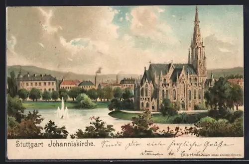 Lithographie Stuttgart, Johanniskirche mit Umgebung
