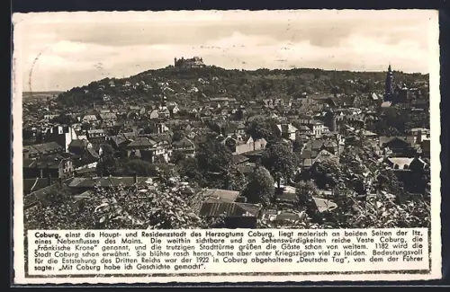 AK Coburg, Ortsansicht aus der Vogelschau, Blick zur Veste Coburg