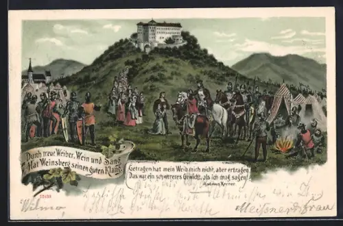 Künstler-AK Weinsberg, Szene aus der Sage um Burg Weibertreu