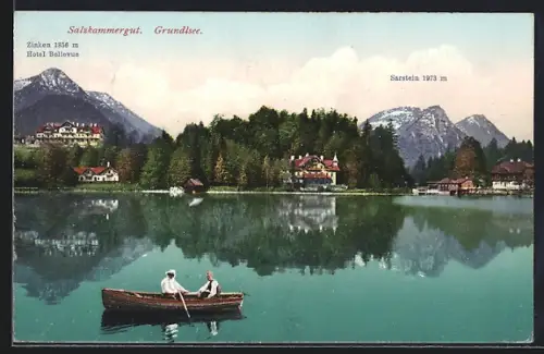 AK Grundlsee, Ruderboot auf dem See, Blick zum Sarstein