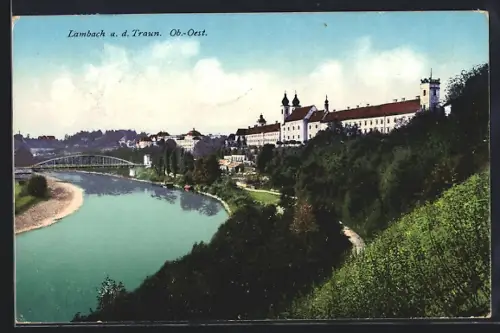 AK Lambach a. d. Traun, Flusspartie mit Brücke