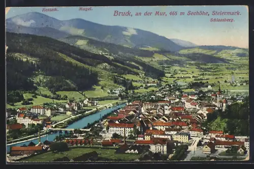 AK Bruck an der Mur, Teilansicht mit Rosseck, Mugel und Schlossberg