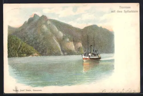 Lithographie Traunsee, Panorama mit dem Spitzelstein