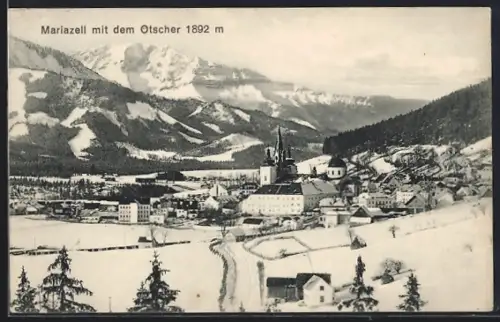 AK Mariazell, Teilansicht mit dem Ötscher im Schnee