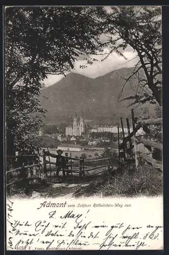 AK Admont, Ortsansicht mit Stiftskirche vom Schloss Röthelstein-Weg aus gesehen
