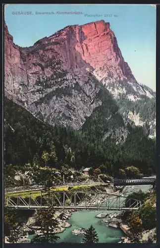 AK Gesäuse, Kummerbrücke mit Planspitze, österreichische Eisenbahn