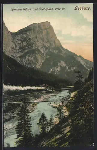 AK Gesäuse, Kummerbrücke und Planspitze mit Zug der österreichischen Eisenbahn