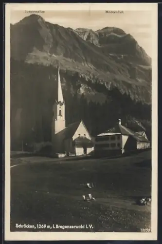 AK Schröcken i. Bregenzerwald, Blick zur Kirche mit Juppenspitze und Mohnenfluh