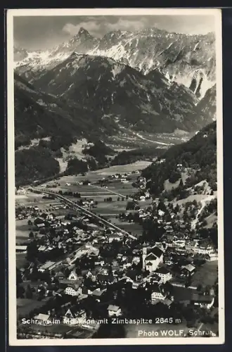 AK Schruns i. Montafon, Ortsansicht mit Zimbaspitze