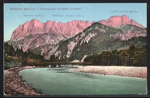 AK Gesäuse, Hochtorgruppe von Station Johnsbach aus gesehen, Blick auf Planspitze, Rosskuppe und Hochtor