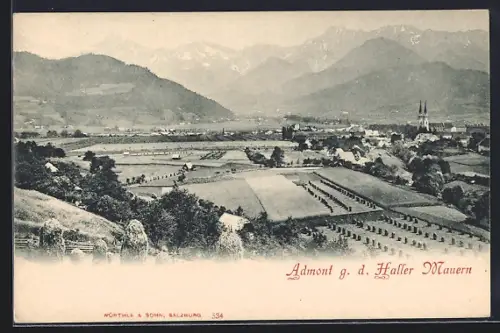 AK Admont, Blick von Weitem auf den Ort und die Haller Mauern