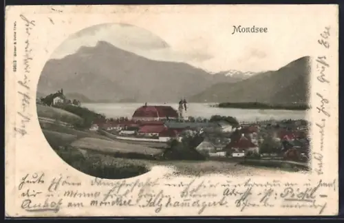AK Mondsee, Ortsansicht mit See und Gebirgspanorama