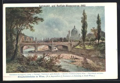 Lithographie Wien, Kirche mit Elisabethbrücke