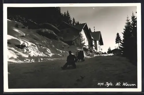 AK Igls, Häuser von Heilig Wasser, Schlittenfahrer