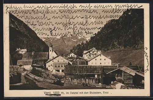 AK Vent i. Oetztal, Ortspartie mit Kirche und den Stubaiern