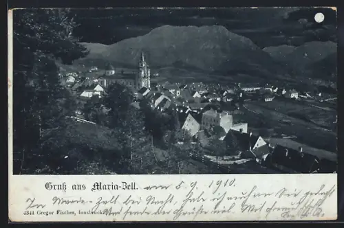 Mondschein-AK Mariazell, Ortsansicht aus der Vogelschau