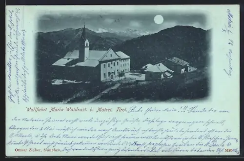Mondschein-AK Maria Waldrast, Blick zur Kirche