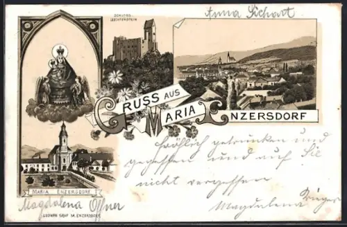 Lithographie Maria Enzersdorf, Schloss Liechtenstein, Ortsansicht, Gnadenbild